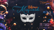 A poster for a Halloween Masquerade event with a white mask in the center. The text gives event details for October 31.