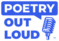 Poetry Out Loud logo from 2020 with block blue lettering and a microphone