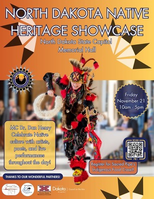 North Dakota Native Heritage Showcase Nov. 29 flyer with many logos, showing a Native dancer in full gear
