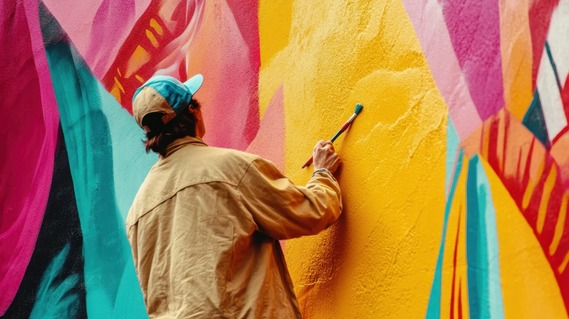 Artist working on a large, vibrant wall mural with bright yellow, pink, and teal paint.