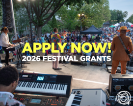 Levitt Foundation 2026 Festival Grants - APPLY NOW words on top of a band on an outdoor stage with a huge audience