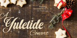 A Yuletide Concert in script with a decorative holiday background