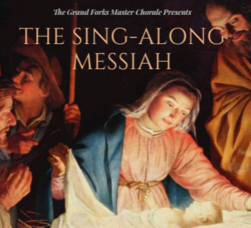 The mother Mary looking down at the baby Jesus who glows. The Sing-Along Messiah in text above.