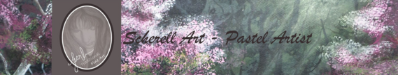 Pastel drawing of flower /greenery, along with a woman's face looking downward, with the words Scherell Art - Pastel Artist
