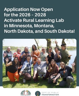 Activate Rural Learning Lab 2026-28 promo poster showing a group of people celebrating on a grassy area beside a lake
