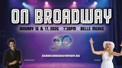 Bis-Man Symphony Orchestra promo poster for On Broadway, Jan. 16-17 at Belle Mehus, 7:30pm, with 2 directors smiling, celebrating 