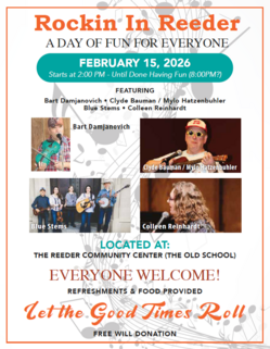 Flyer for the "Rockin In Reeder" music event on February 15, 2026, featuring multiple performers.