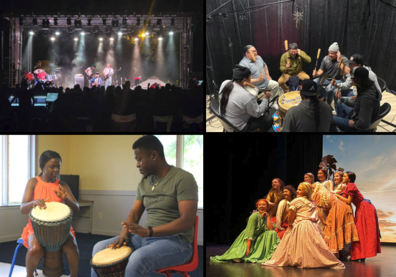 A collage of four photos depicting music and theatre: a live band, a drumming circle, djembe players, and a stage play.