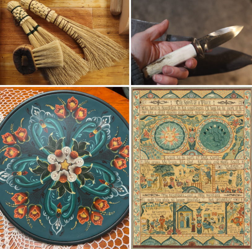 A collage of 4 photos depicting Scandinavian crafts: knife-making, Bonadsmalning, brush-making, and rosemaling