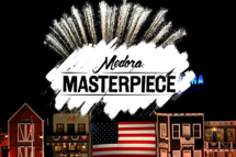 Medora Masterpiece written in the black sky above the Medora Musical set