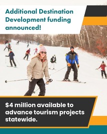 Snow skiers with wording: $4 Million in Additional Destination Development funding available to advance tourism projects in ND