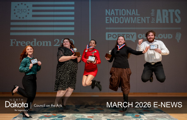 five professionally dressed high school students on a stage jumping up in celebration of the trophies they won in ND Poetry Out Loud 2026