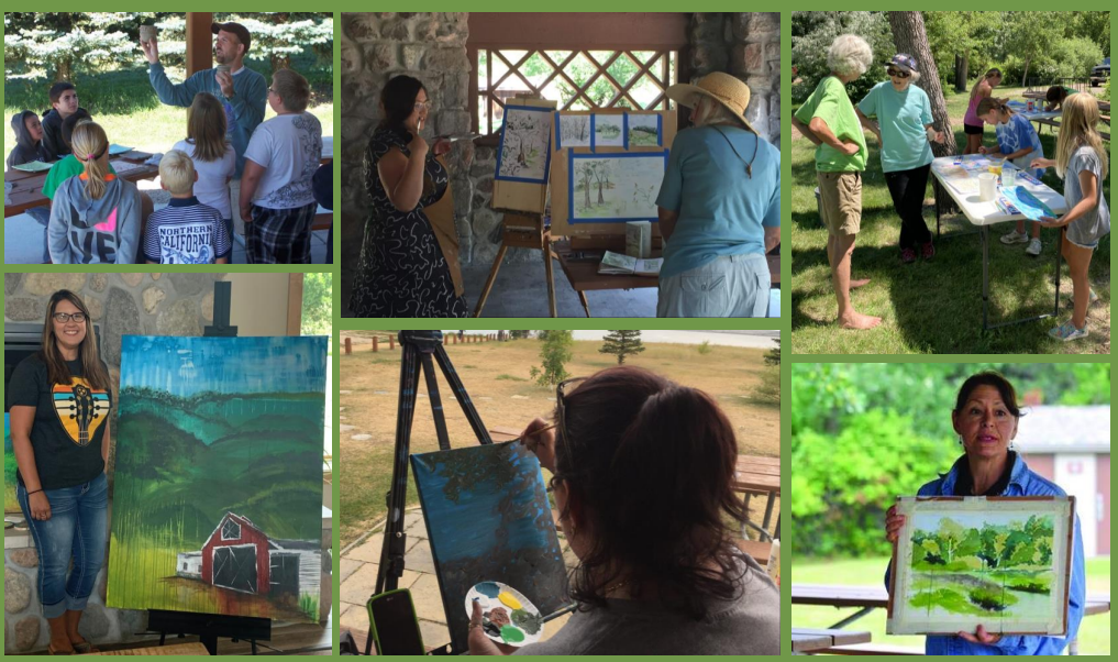 a collage of six images, showing artists performing or teaching their work, mostly painting, to youth in an outdoor park setting