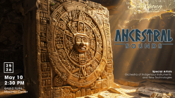 Grand Forks Symphony Orchestra promo poster for Ancestral Sounds on May 10, 2026 featuring intricately carved Aztec Sun Stone
