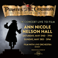 Ad for 'Pirates of the Caribbean: The Curse of the Black Pearl In Concert Live to Film', featuring silhouette of Jack Sparrow & event details