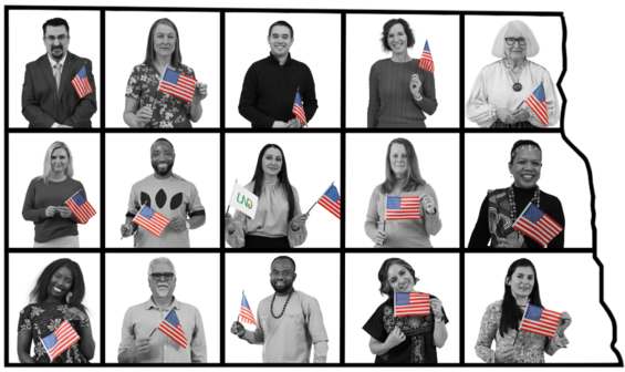 A grid of 15 portraits within a North Dakota map outline; ND First Lady Kjersti Armstrong and others hold American flags.