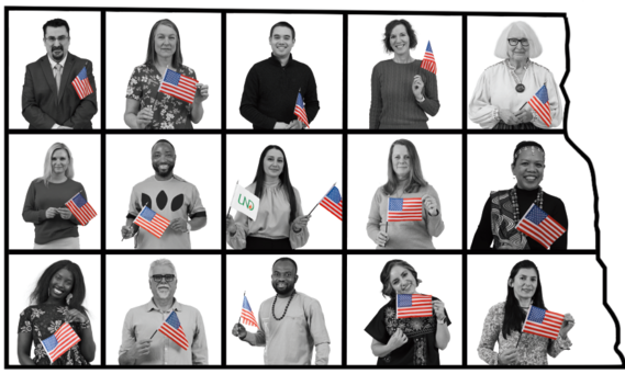 A grid of 15 portraits within a North Dakota map outline; ND First Lady Kjersti Armstrong and others hold American flags.