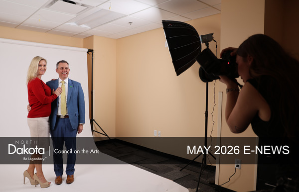 NDCA May 2026 E-news header showing Governor and First Lady Armstrong being photographed by a UND student in a studio