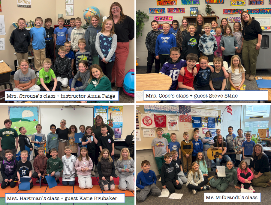 4-image collage of 3rd grade classrooms in Kindred, ND who participated in a poetry program (2025-26)