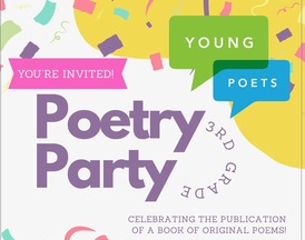 Colorful invitation for a "3rd Grade Poetry Party" on April 20, 2026, celebrating a book of student poems