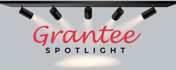 Grantee Spotlight words with five spotlights across the top, shooting down over the words