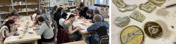 Two tables with about 10 people at each, working on clay tile pieces as part of Region 8's placemaking project