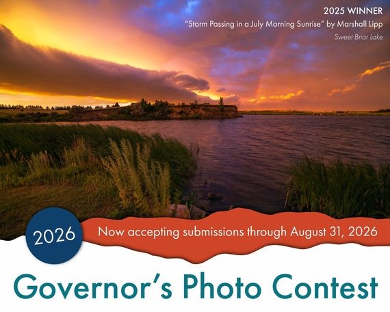 2026 Governor's Photo Contest words on top of the 2025 winning photo of a lake and stormy skies taken by Marshall Lipp