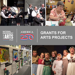Collage of 4 images of a brass band, pumpkin painting, art gallery, and children singing - promoting NEA's Grants for Arts Projects