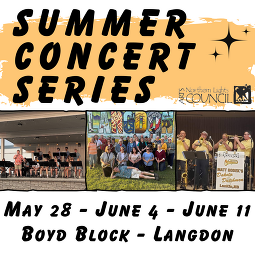 Langdon, ND Summer Concert Series promo poster showing 3 images of different bands holding instruments