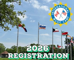 2026 Registration is Open for International Music Camp, showing green grass and 4 flag poles with different country flags