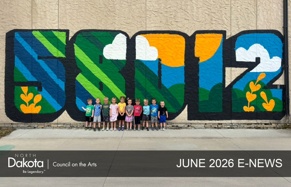 outdoor painted mural showing Castleton, ND 58012 zip code painted with summer images inside the letters; 10 young children standing in front