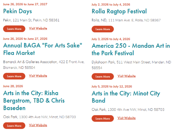 Art events happening in North Dakota in June and July of 2026