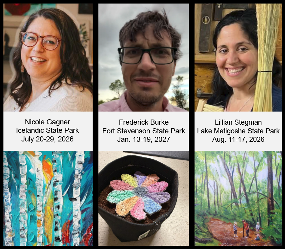 Three artist portraits with names, state park residency details, and examples of their colorful artwork below each
