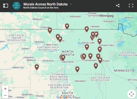 Screenshot of a Google Map showing pins for the Murals Across North Dakota