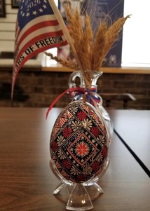 Pysanka (Ukrainian egg) created by Jamestown artist Mary Waagen and given to Gov. Armstrong in honor of 250th
