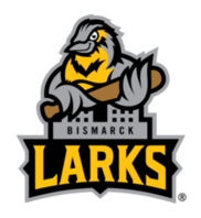 Bismarck Larks logo showing the North Dakota Capitol with a Lark holding a baseball bat