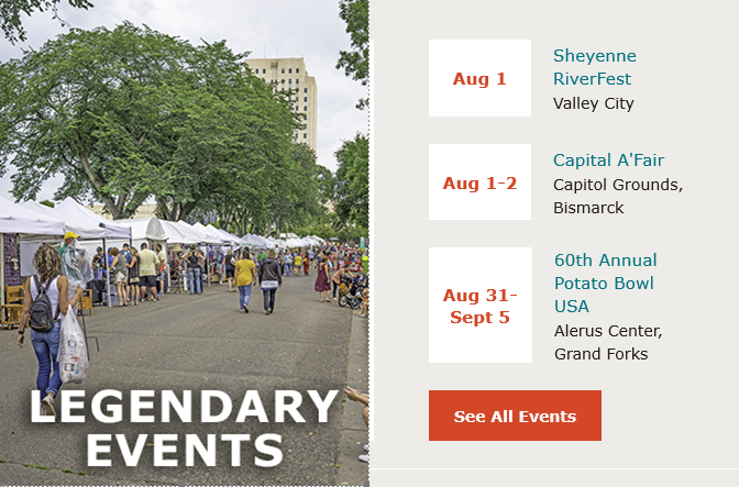 Legendary Events happening in North Dakota in August, a screenshot from the ND Tourism newsletter featuring art fests