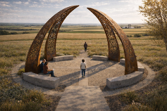 Arts Across the Prairie Region 3 public art rendering showing 4 metal arches curving together with stone benches below