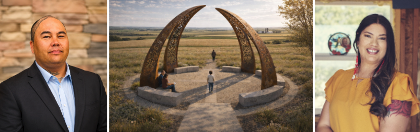 3-photo collage showing Arts Across the Prairie Region 3 artist team Shayna Grandbois-Herrera &Derek Poitra & their dome design