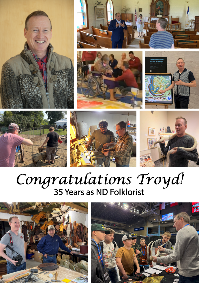 collage of images showing ND Folklorist Troyd Geist working with the elderly, folk artists, and zoo animals involved in programs