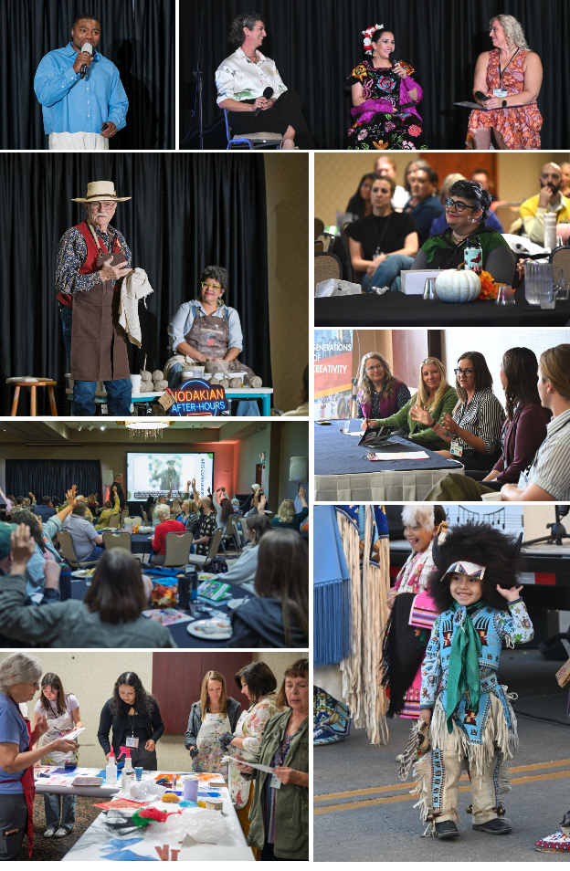 collage of 8 photos taken during the 2026 ND Statewide Arts Convening and outdoor block party
