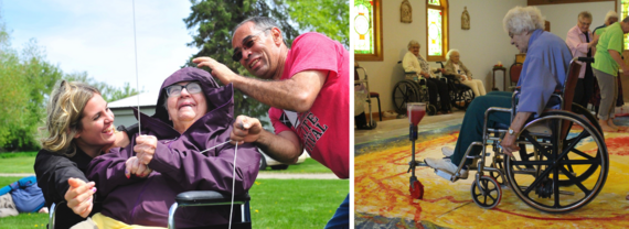 collage: two smiling adults helping an older smiling woman fly a kite and an older woman painting the floor with her wheelchair 