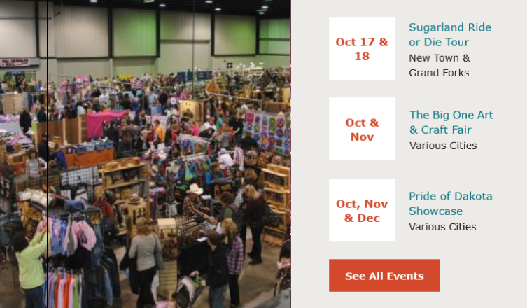 October-December Events in North Dakota; including Sugarland concert and Art & Craft Fairs; photo of craft fair on left