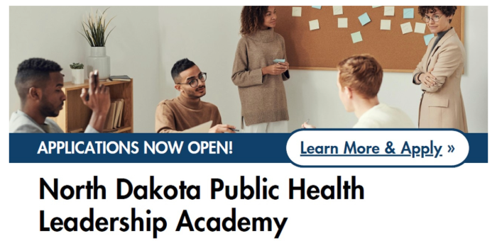 five adults in a meeting setting, copy says North Dakota Public Health Leadership Academy
