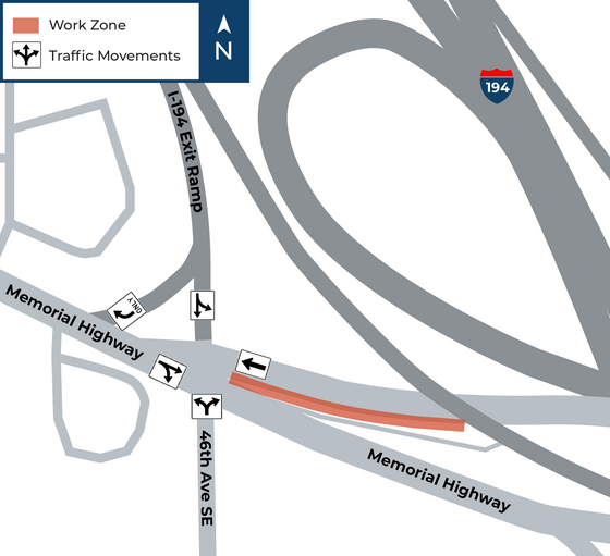 •	Westbound Memorial Highway: No left turns onto southbound 46th Avenue SE during turn lane construction.