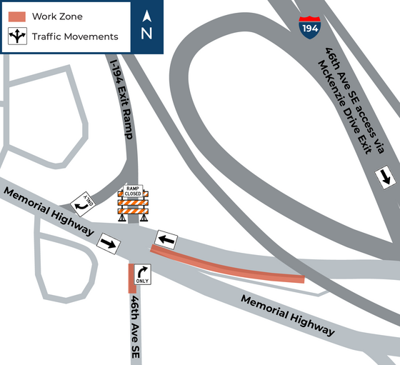Work zone map near 46th Avenue SE and Memorial Highway.