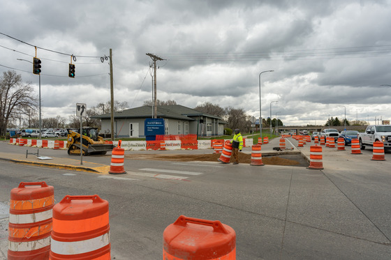 Work on north side of the Main Street and Memorial Highway/Mandan Ave intersection.