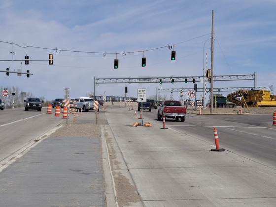 Temporary traffic signals at the I-94 Interchange (Exit 161) project. 