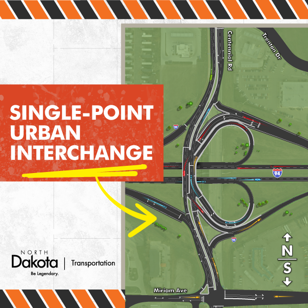 A map graphic of the new single-point urban interchange at I-94 Exit 161 in Bismarck, North Dakota.