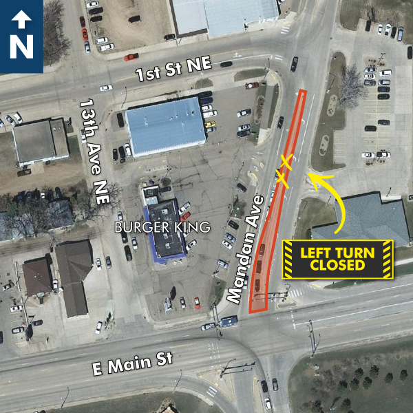 Mandan Ave northbound left turn closure as part of the Memorial Highway Phase 2 project in Mandan, ND.